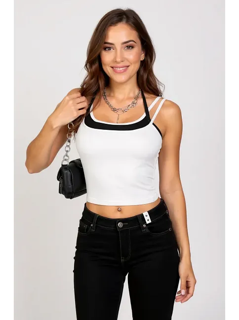 Kadın Siyah Beyaz Çift Renk Çapraz Askılı Crop Top Bluz