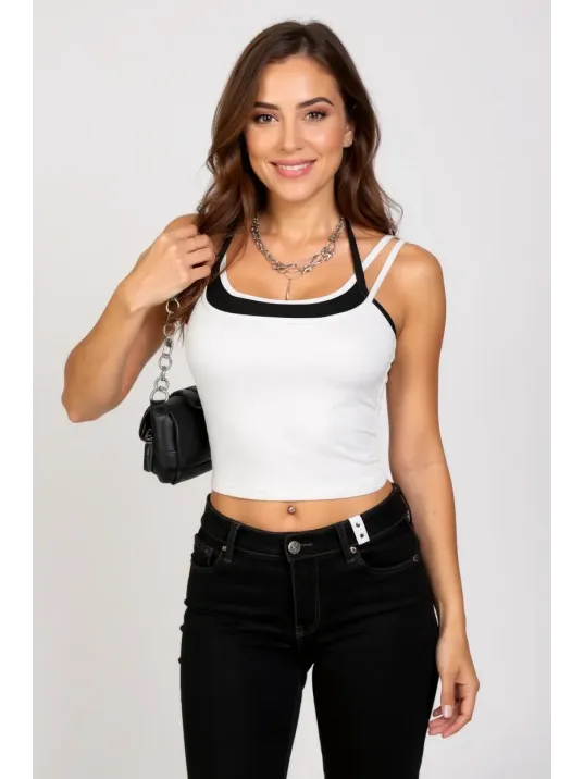 Kadın Siyah Beyaz Çift Renk Çapraz Askılı Crop Top Bluz