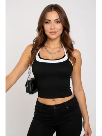 Kadın Beyaz Siyah Çift Renk Çapraz Askılı Crop Top Bluz – Şık, Rahat Ve Kolay Kombinlenebilir