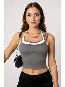 Kadın Antrasit Gri Beyaz Çift Renk Çapraz Askılı Crop Top Bluz – Şık, Rahat Ve Kolay Kombinlenebilir