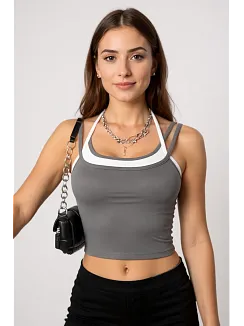Kadın Antrasit Gri Beyaz Çift Renk Çapraz Askılı Crop Top Bluz – Şık, Rahat Ve Kolay Kombinlenebilir