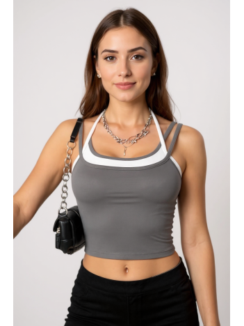 Kadın Antrasit Gri Beyaz Çift Renk Çapraz Askılı Crop Top Bluz – Şık, Rahat Ve Kolay Kombinlenebilir