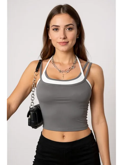 Kadın Antrasit Gri Beyaz Çift Renk Çapraz Askılı Crop Top Bluz – Şık, Rahat Ve Kolay Kombinlenebilir Kadın Antrasit Gri Beyaz Çift Renk Çapraz Askılı Crop Top Bluz – Şık, Rahat Ve Kolay Kombinlenebilir