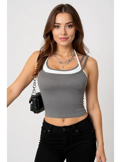 Kadın Antrasit Gri Beyaz Çift Renk Çapraz Askılı Crop Top Bluz – Şık, Rahat Ve Kolay Kombinlenebilir Kadın Antrasit Gri Beyaz Çift Renk Çapraz Askılı Crop Top Bluz – Şık, Rahat Ve Kolay Kombinlenebilir