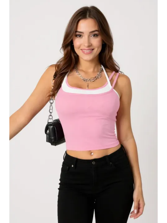 Kadın Pembe Beyaz Çift Renk Çapraz Askılı Crop Top Bluz – Şık, Rahat Ve Kolay Kombinlenebilir