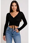 Kadın Siyah Uzun Kollu Büzdürme Bağcık Detaylı Crop Top Bluz – Şık, Rahat Ve Kolay Kombinlenebilir