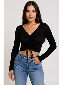 Kadın Siyah Uzun Kollu Büzdürme Bağcık Detaylı Crop Top Bluz – Şık, Rahat Ve Kolay Kombinlenebilir