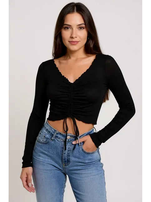Kadın Siyah Uzun Kollu Büzdürme Bağcık Detaylı Crop Top Bluz – Şık, Rahat Ve Kolay Kombinlenebilir
