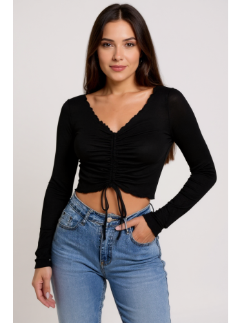 Kadın Siyah Uzun Kollu Büzdürme Bağcık Detaylı Crop Top Bluz – Şık, Rahat ve Kolay Kombinlenebilir Kadın Siyah Uzun Kollu Büzdürme Bağcık Detaylı Crop Top Bluz – Şık, Rahat ve Kolay Kombinlenebilir