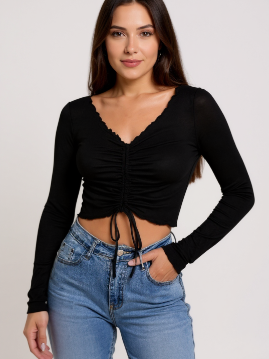 Kadın Siyah Uzun Kollu Büzdürme Bağcık Detaylı Crop Top Bluz – Şık, Rahat Ve Kolay Kombinlenebilir