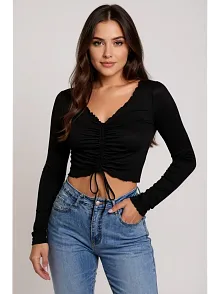 Kadın Siyah Uzun Kollu Büzdürme Bağcık Detaylı Crop Top Bluz – Şık, Rahat Ve Kolay Kombinlenebilir