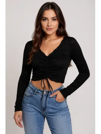 Kadın Siyah Uzun Kollu Büzdürme Bağcık Detaylı Crop Top Bluz – Şık, Rahat Ve Kolay Kombinlenebilir