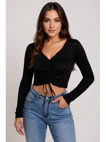 Kadın Siyah Uzun Kollu Büzdürme Bağcık Detaylı Crop Top Bluz – Şık, Rahat Ve Kolay Kombinlenebilir