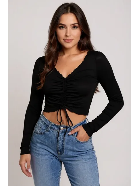 Kadın Siyah Uzun Kollu Büzdürme Bağcık Detaylı Crop Top Bluz – Şık, Rahat Ve Kolay Kombinlenebilir