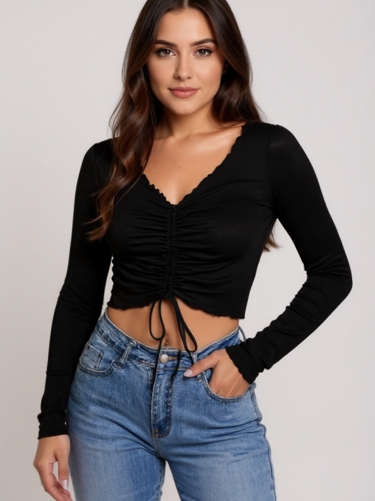 Kadın Siyah Uzun Kollu Büzdürme Bağcık Detaylı Crop Top Bluz – Şık, Rahat Ve Kolay Kombinlenebilir