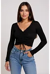 Kadın Siyah Uzun Kollu Büzdürme Bağcık Detaylı Crop Top Bluz – Şık, Rahat Ve Kolay Kombinlenebilir