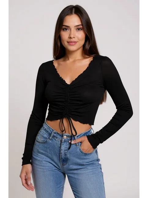 Kadın Siyah Uzun Kollu Büzdürme Bağcık Detaylı Crop Top Bluz – Şık, Rahat Ve Kolay Kombinlenebilir