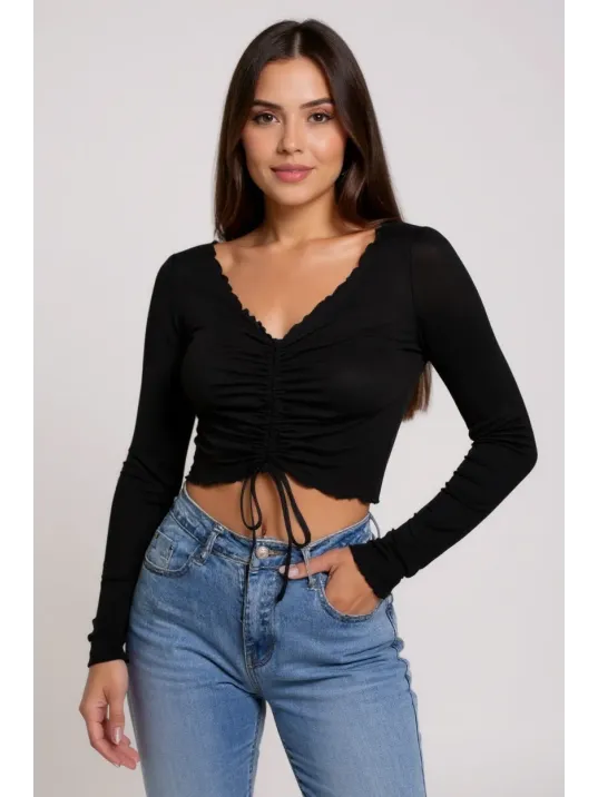 Kadın Siyah Uzun Kollu Büzdürme Bağcık Detaylı Crop Top Bluz – Şık, Rahat Ve Kolay Kombinlenebilir
