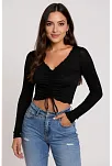 Kadın Siyah Uzun Kollu Büzdürme Bağcık Detaylı Crop Top Bluz – Şık, Rahat Ve Kolay Kombinlenebilir