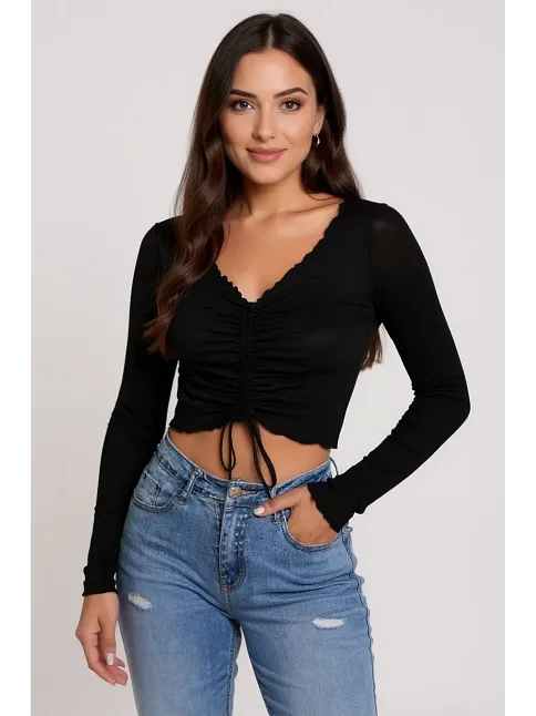 Kadın Siyah Uzun Kollu Büzdürme Bağcık Detaylı Crop Top Bluz – Şık, Rahat Ve Kolay Kombinlenebilir