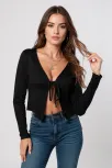 Kadın Siyah Uzun Kollu Önden Bağlama Detaylı Crop Top Bluz – Şık, Rahat Ve Kolay Kombinlenebilir