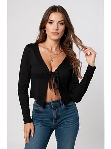 Kadın Siyah Uzun Kollu Önden Bağlama Detaylı Crop Top Bluz – Şık, Rahat Ve Kolay Kombinlenebilir
