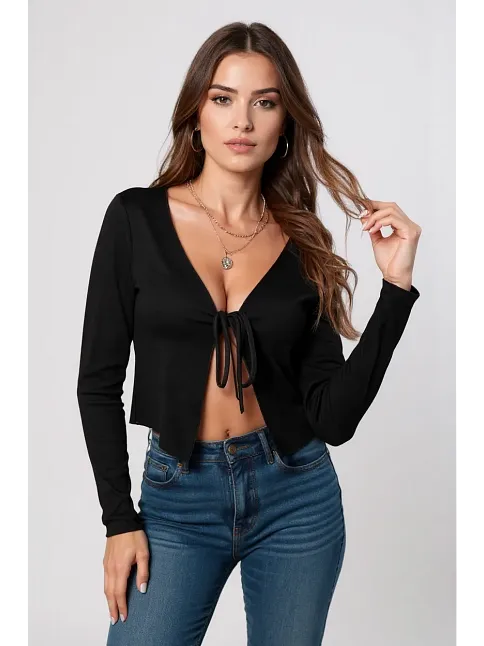 Kadın Siyah Uzun Kollu Önden Bağlama Detaylı Crop Top Bluz – Şık, Rahat Ve Kolay Kombinlenebilir