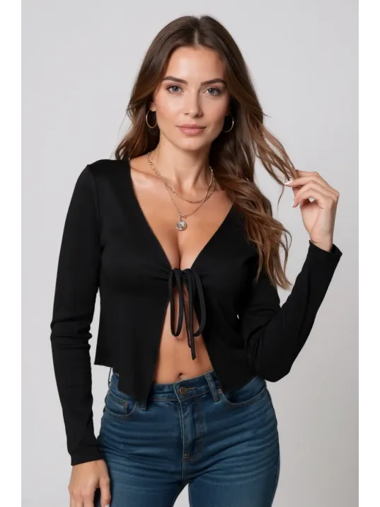 Kadın Siyah Uzun Kollu Önden Bağlama Detaylı Crop Top Bluz – Şık, Rahat Ve Kolay Kombinlenebilir