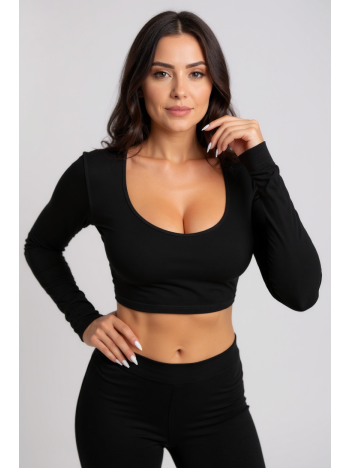 Kadın Siyah Uzun Kol Kare Yaka Crop Top Bluz – Şık, Rahat ve Kolay Kombinlenebilir