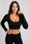 Kadın Siyah Uzun Kol Kare Yaka Crop Top Bluz – Şık, Rahat Ve Kolay Kombinlenebilir