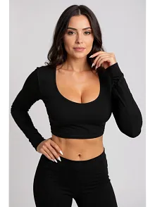 Kadın Siyah Uzun Kol Kare Yaka Crop Top Bluz – Şık, Rahat Ve Kolay Kombinlenebilir