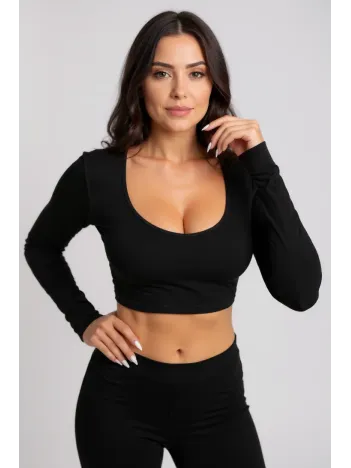 Kadın Siyah Uzun Kol Kare Yaka Crop Top Bluz – Şık, Rahat Ve Kolay Kombinlenebilir
