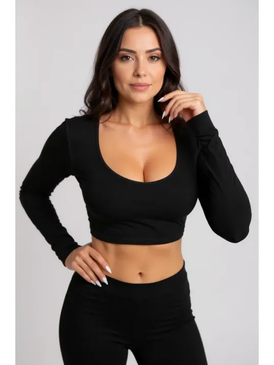 Kadın Siyah Uzun Kol Kare Yaka Crop Top Bluz – Şık, Rahat Ve Kolay Kombinlenebilir