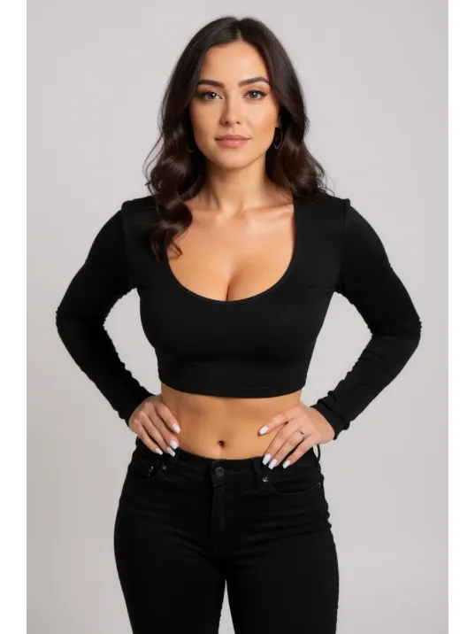 Kadın Siyah Uzun Kol Kare Yaka Crop Top Bluz – Şık, Rahat Ve Kolay Kombinlenebilir