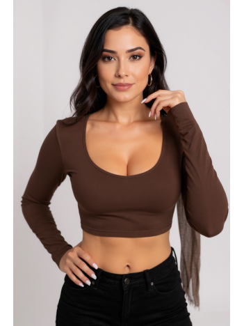 Kadın Kahverengi Uzun Kol Kare Yaka Crop Top Bluz – Şık, Rahat ve Kolay Kombinlenebilir