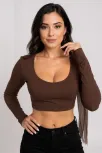 Kadın Kahverengi Uzun Kol Kare Yaka Crop Top Bluz – Şık, Rahat Ve Kolay Kombinlenebilir