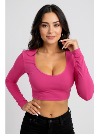 Kadın Fuşya Uzun Kol Kare Yaka Crop Top Bluz – Şık, Rahat ve Kolay Kombinlenebilir