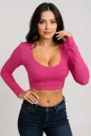 Kadın Fuşya Uzun Kol Kare Yaka Crop Top Bluz – Şık, Rahat Ve Kolay Kombinlenebilir