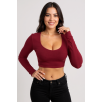 Kadın Bordo Uzun Kol Kare Yaka Crop Top Bluz