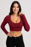 Kadın Bordo Uzun Kol Kare Yaka Crop Top Bluz