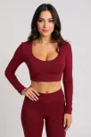 Kadın Bordo Uzun Kol Kare Yaka Crop Top Bluz