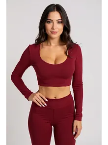 Kadın Bordo Uzun Kol Kare Yaka Crop Top Bluz
