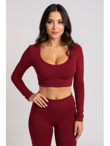 Kadın Bordo Uzun Kol Kare Yaka Crop Top Bluz