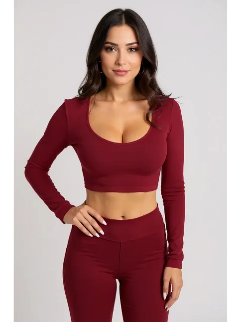 Kadın Bordo Uzun Kol Kare Yaka Crop Top Bluz