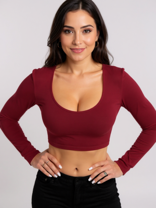 Kadın Bordo Uzun Kol Kare Yaka Crop Top Bluz