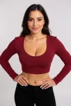 Kadın Bordo Uzun Kol Kare Yaka Crop Top Bluz