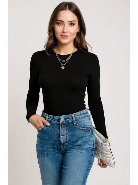 Kadın Siyah Uzun Kollu Fit Basic Crop Top Bluz