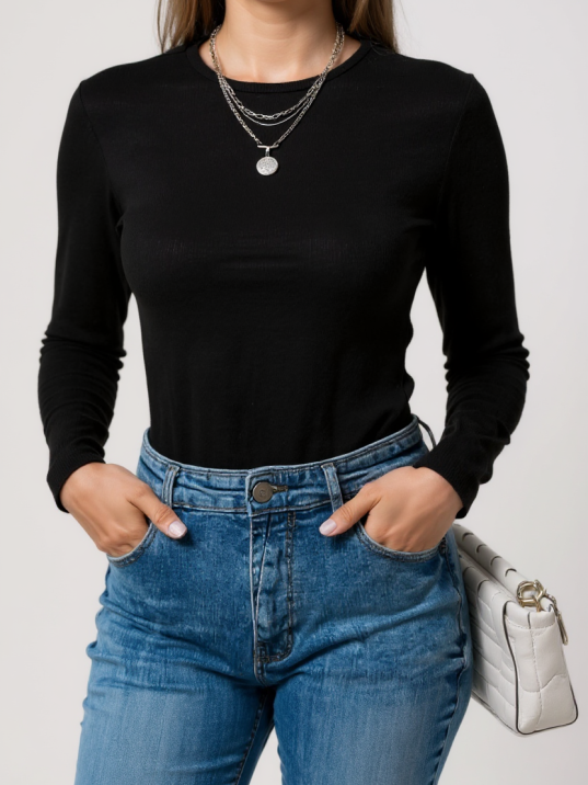 Kadın Siyah Uzun Kollu Fit Basic Crop Top Bluz