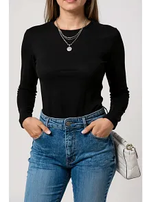 Kadın Siyah Uzun Kollu Fit Basic Crop Top Bluz