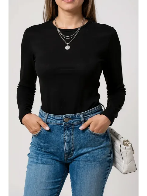 Kadın Siyah Uzun Kollu Fit Basic Crop Top Bluz